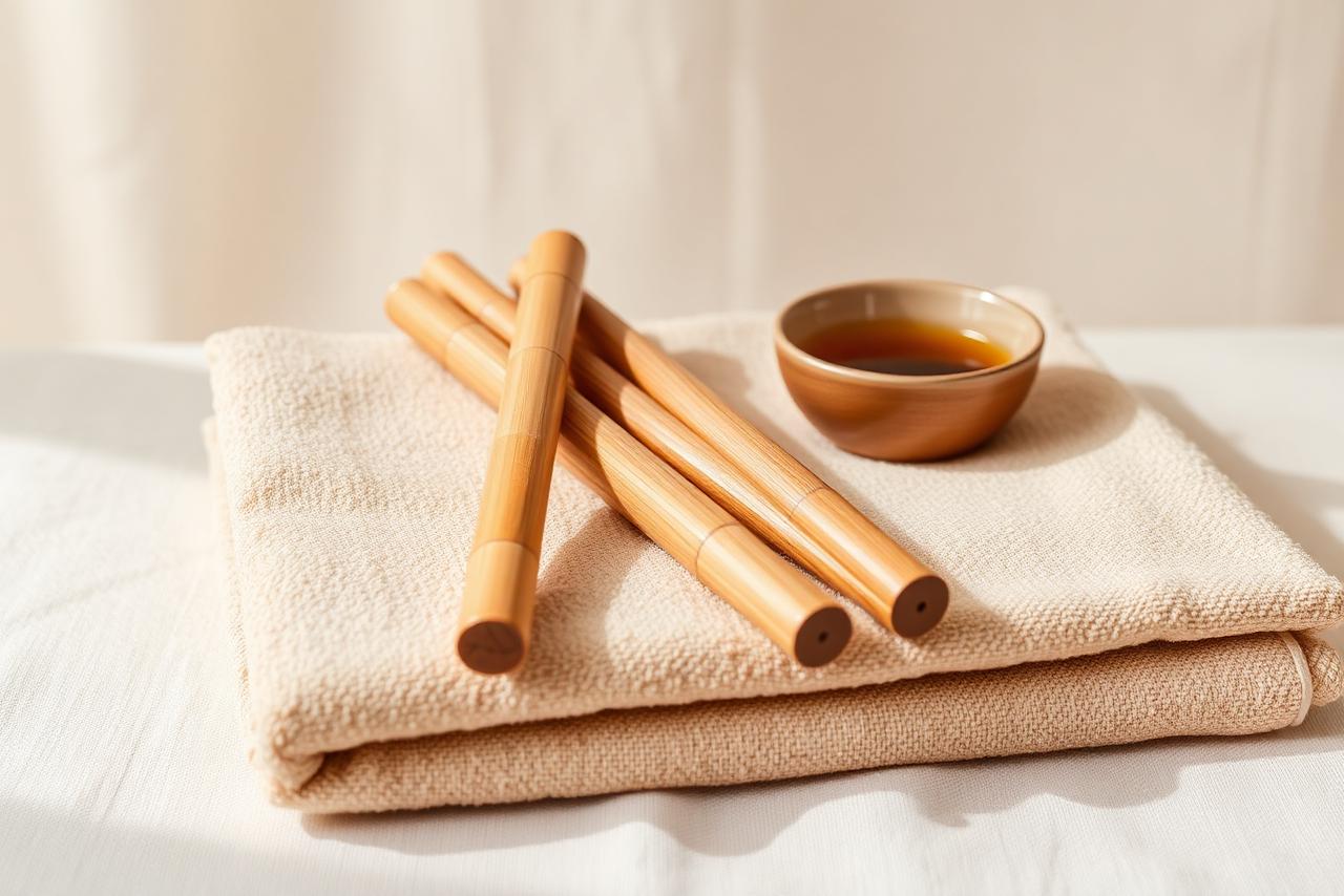 Bamboo massage sticks on a folded towel