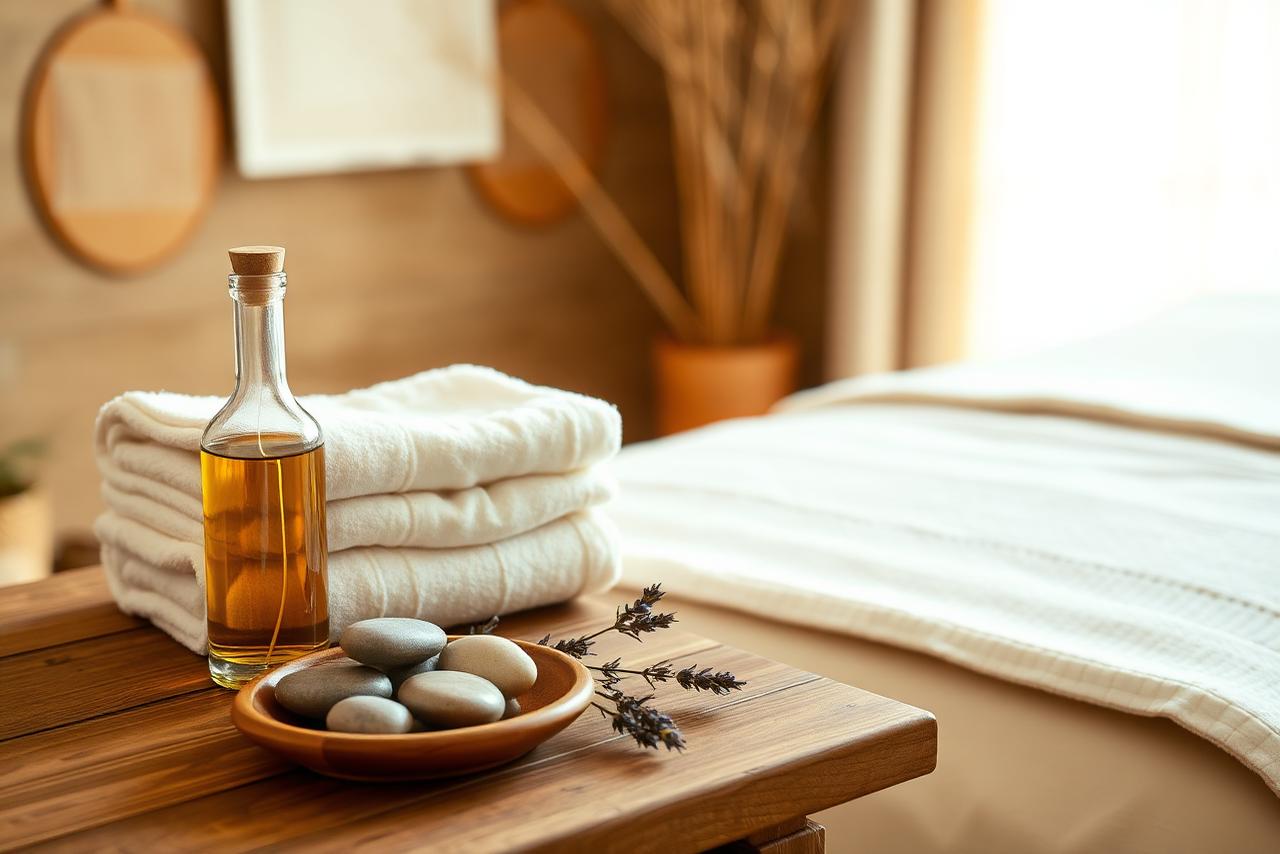 Warm wellness studio setting with oils and towels